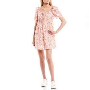 Copper Key Floral Babydoll Mini Dress NWT Size Small Pink Orange Puff Sleeve Tie